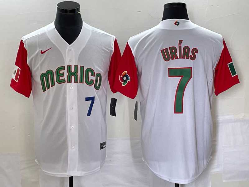 Mens Mexico Baseball #7 Julio Urias Number 2023 White Red World Classic Stitched Jersey49